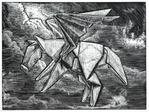 Pegasus navigating through the storms of life Wood engraving 3x4"